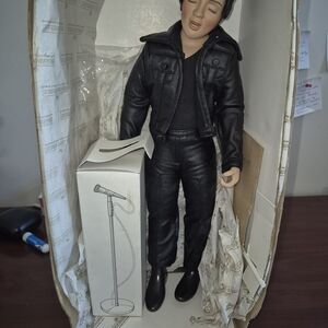 Black Leather-Look  Elvis Preyle Male Doll with Microphone Stand